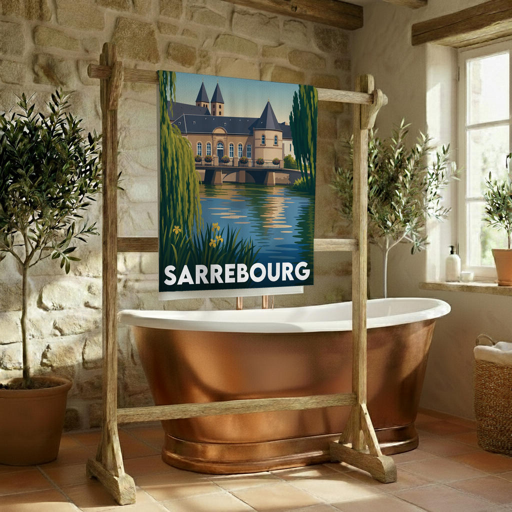 Serviette de bain souvenir de la ville de Sarrebourg avec une illustration stylisée.
