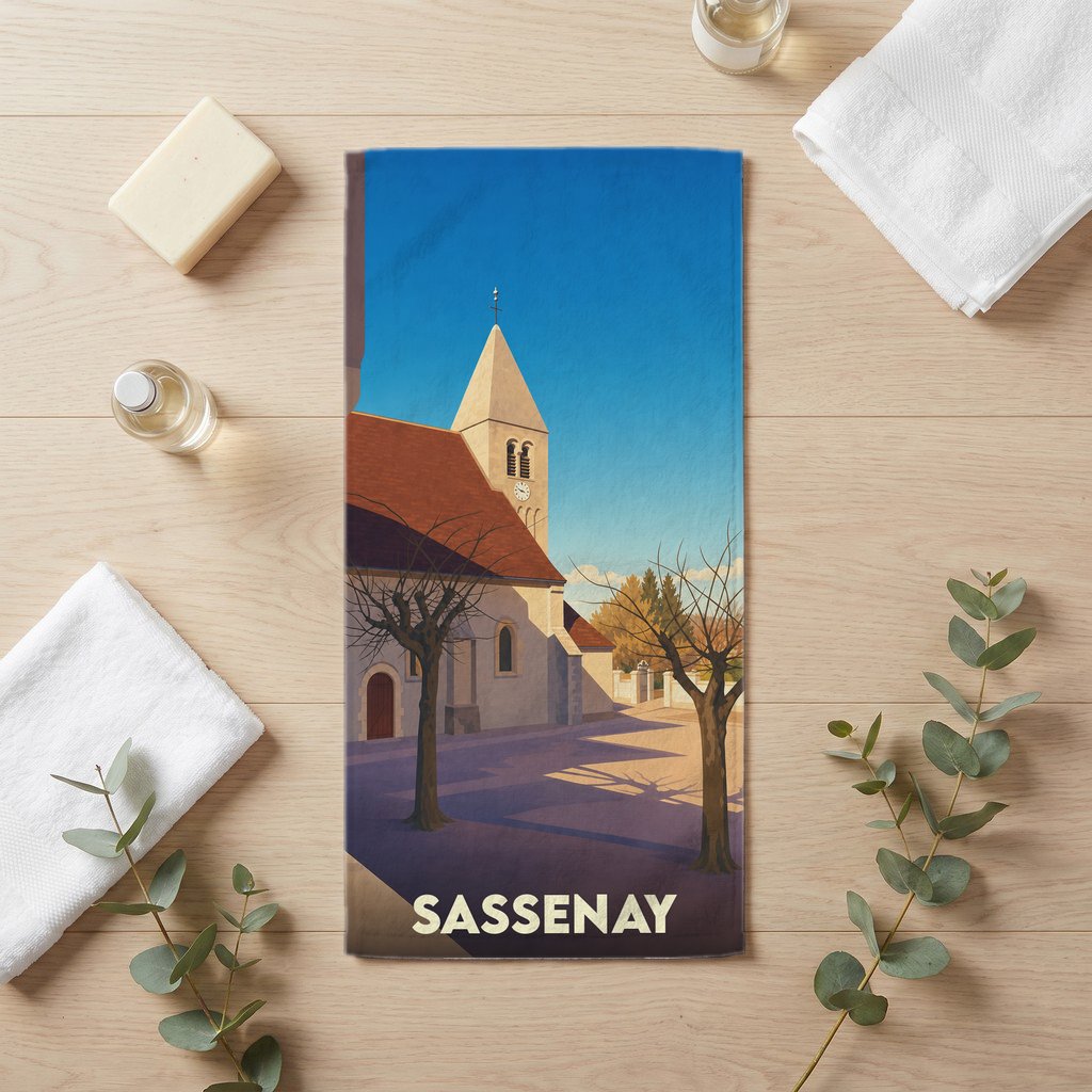 Serviette de bain souvenir de la ville de Sassenay avec une illustration stylisée de son église.