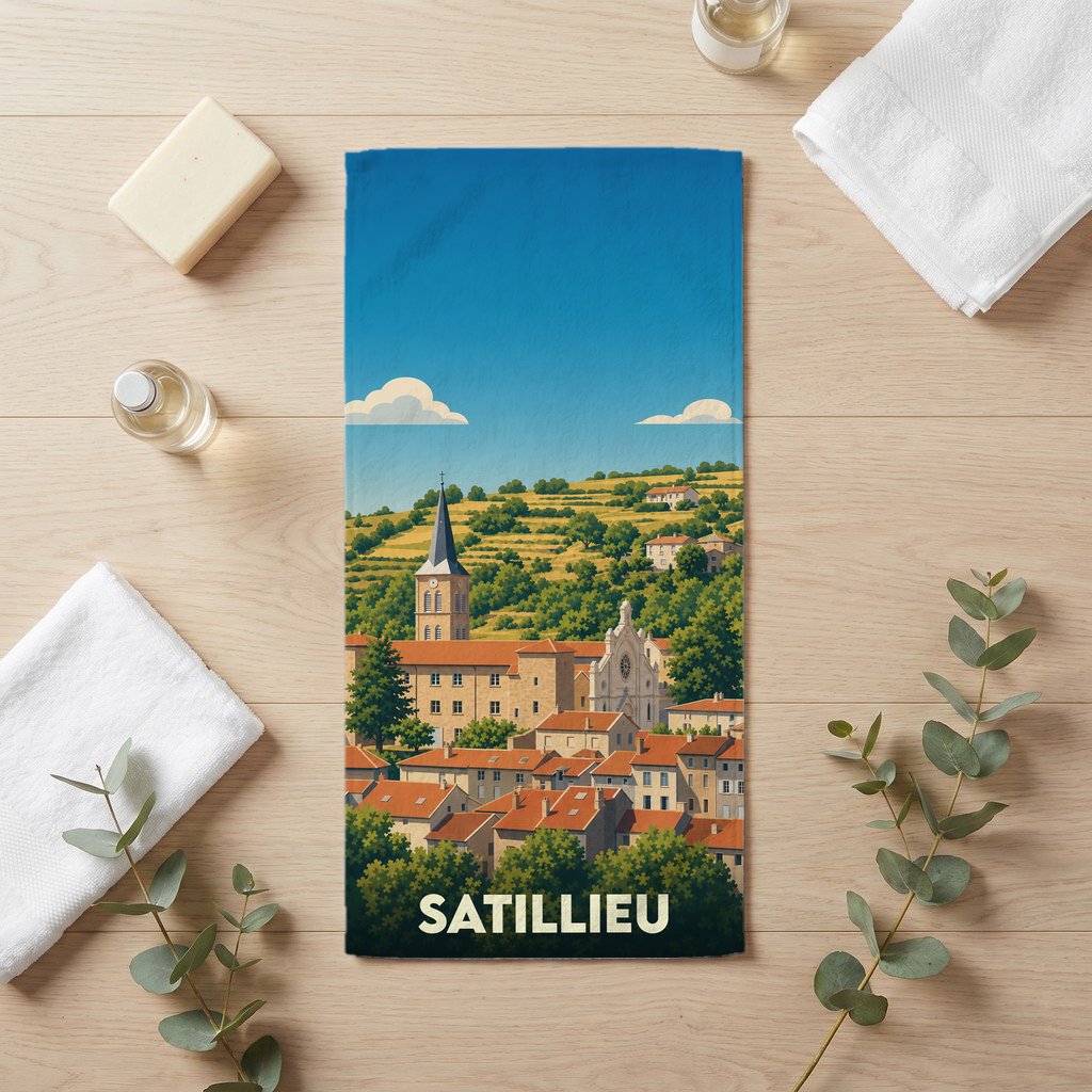 Serviette de bain souvenir de la ville de Satillieu avec une illustration stylisée.