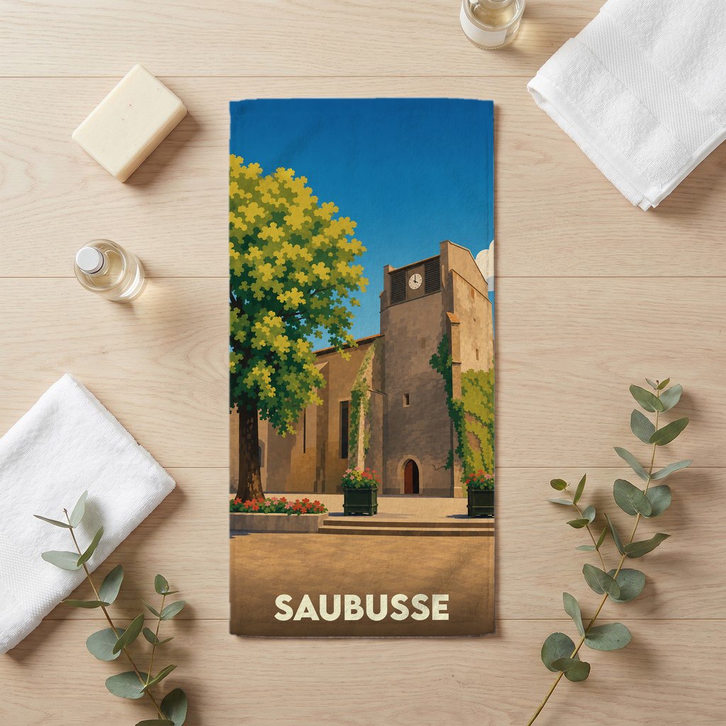 Serviette de bain souvenir de la ville de Saubusse avec une illustration stylisée de son église.