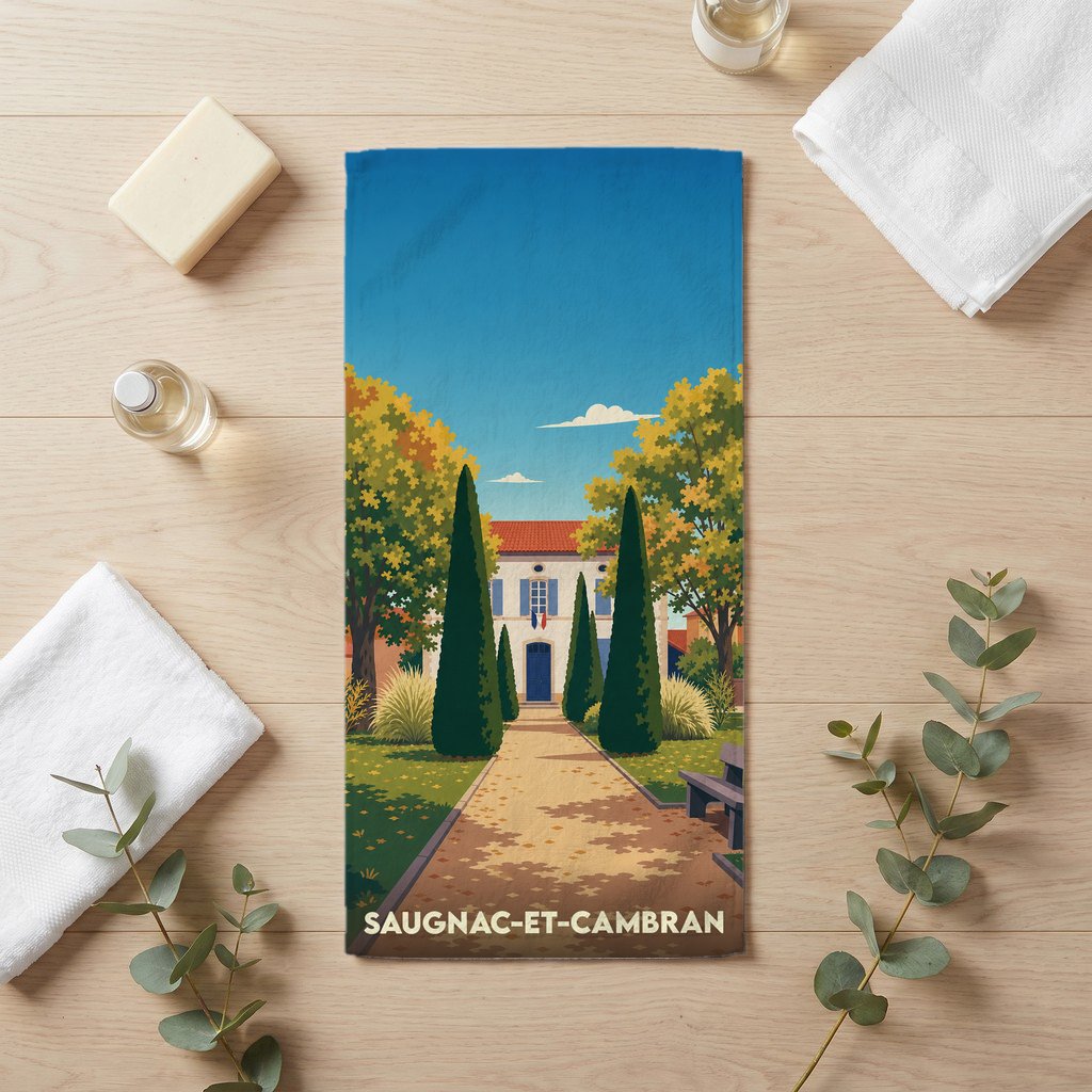 Serviette de bain souvenir de Saugnac-et-Cambran avec une illustration stylisée d'un parc et d'un bâtiment municipal.