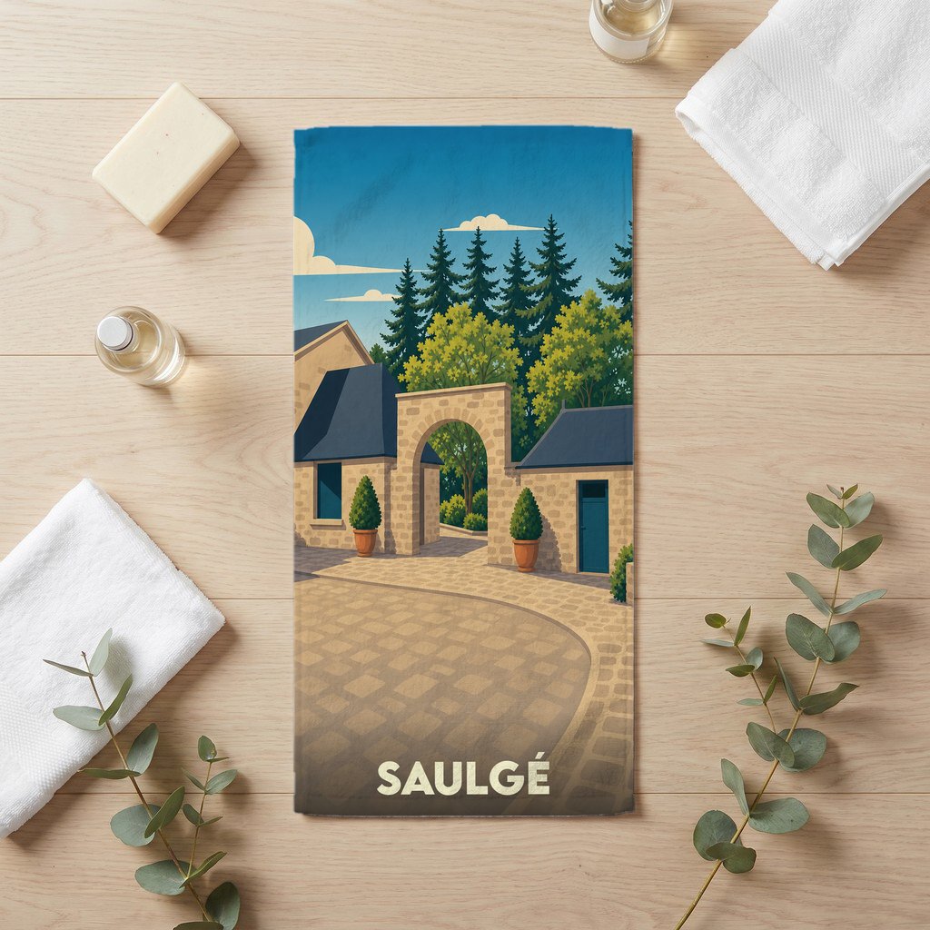 Serviette de bain souvenir de la ville de Saulgé avec une illustration stylisée d'un porche en pierre.