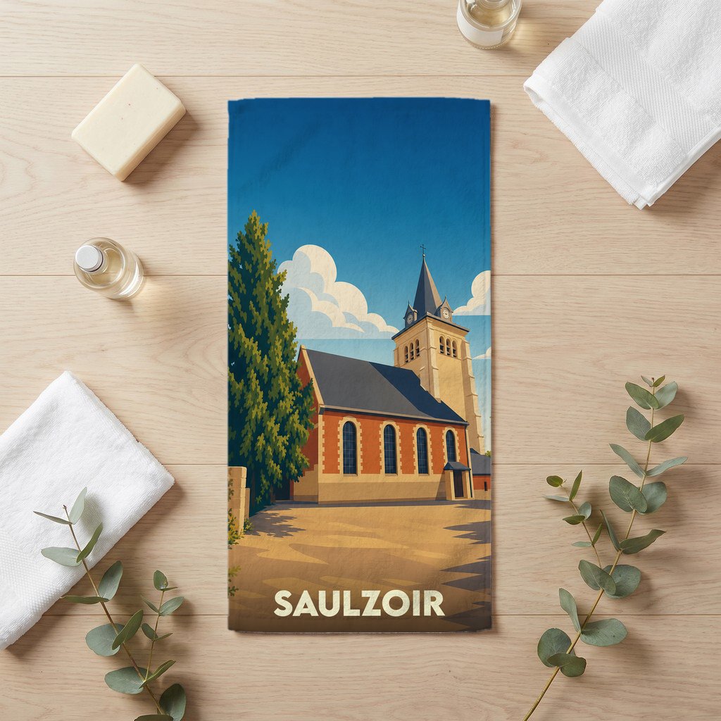 Serviette de bain souvenir de la ville de Saulzoir avec une illustration stylisée d'une église.