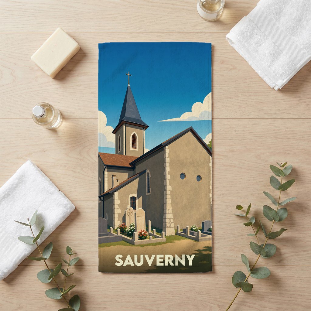 Serviette de bain souvenir de la ville de Sauverny avec une illustration stylisée d'une église et de son cimetière.