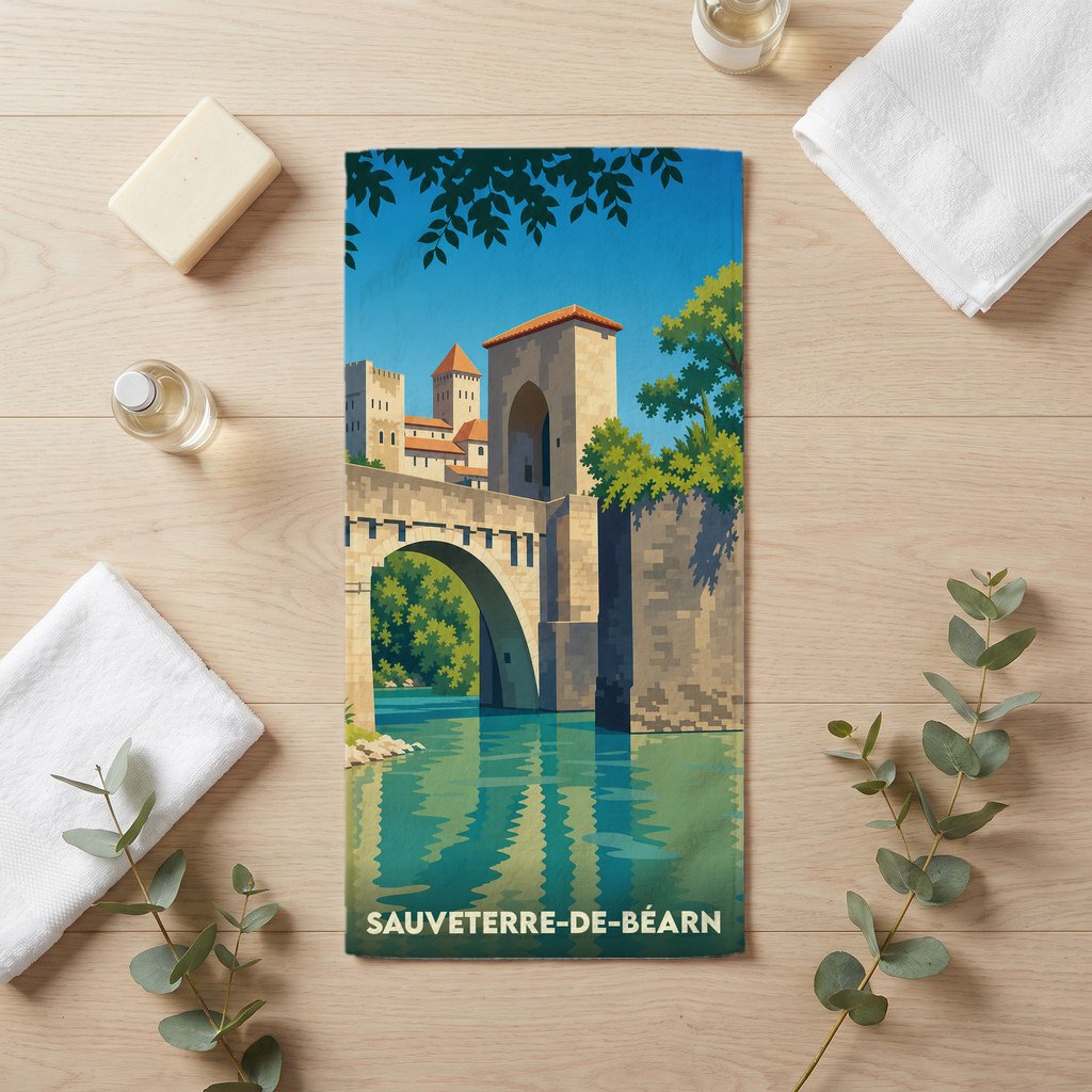 Serviette de bain souvenir de la ville de Sauveterre-de-Béarn illustrant son pont médiéval fortifié.