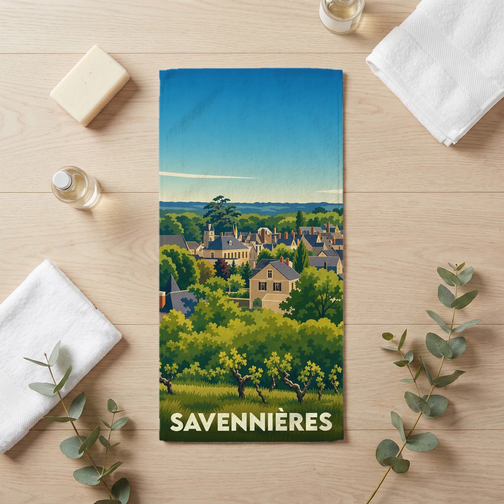 Serviette de bain souvenir de la ville de Savennières avec une illustration stylisée de paysages et de vignobles.