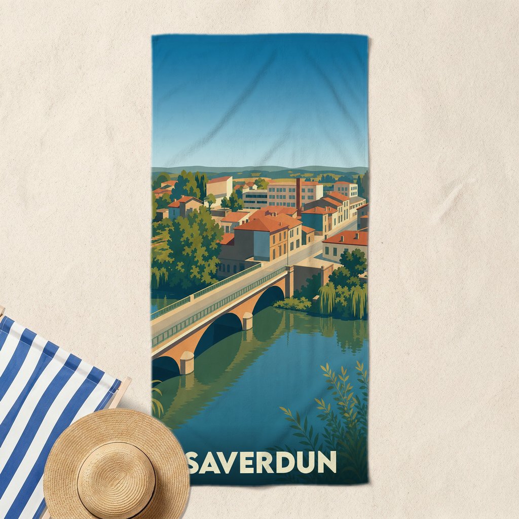 Serviette de bain souvenir de la ville de Saverdun avec une illustration stylisée représentant son pont sur l'Ariège.