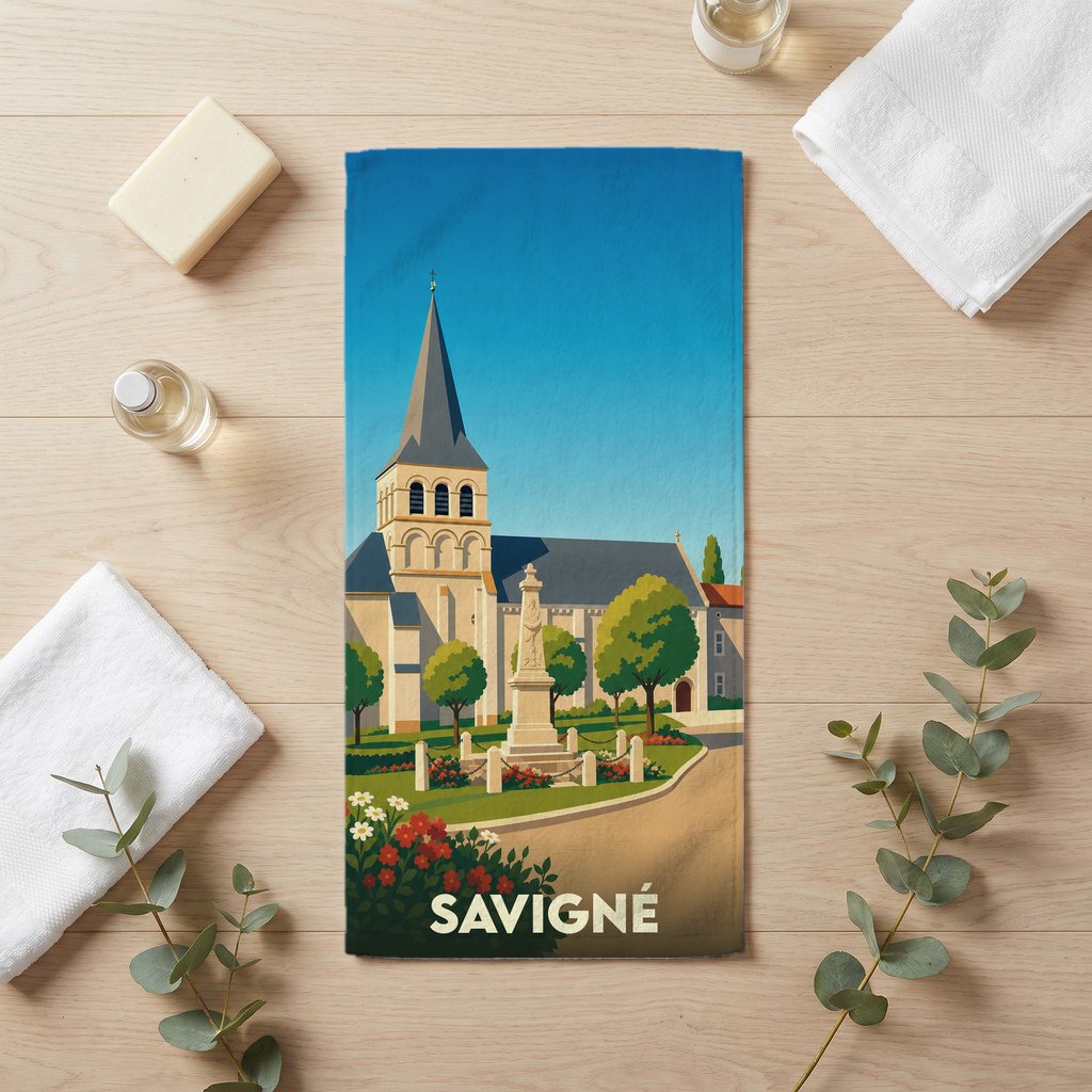 Serviette de bain souvenir de la ville de Savigné avec une illustration stylisée de son église et de son monument.