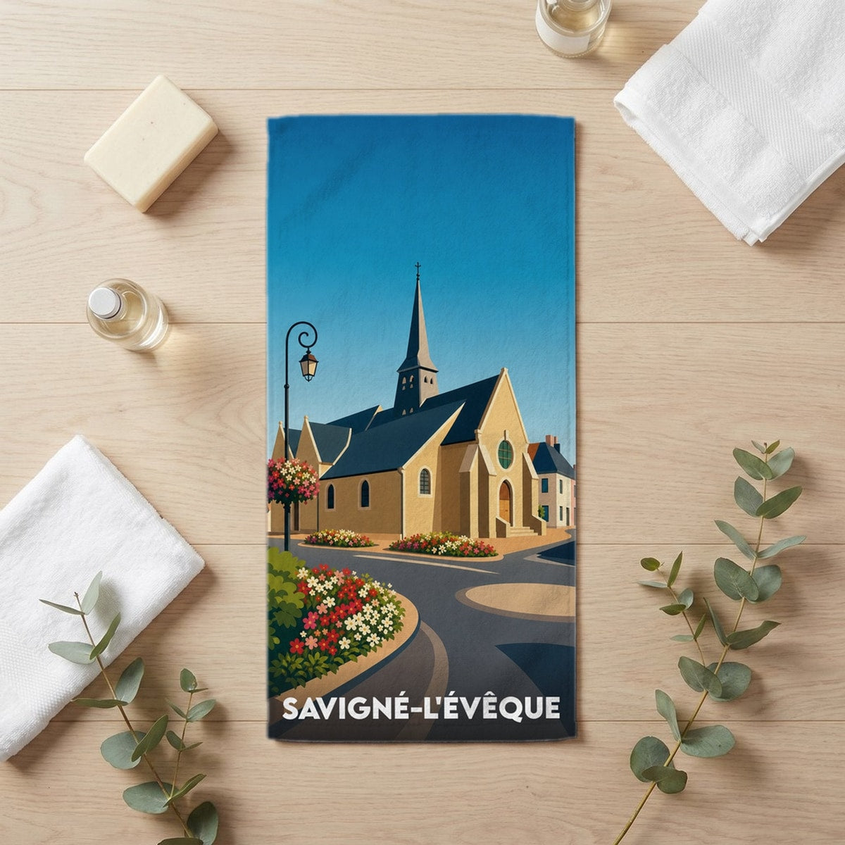 Serviette de bain 30 cm x 60 cm souvenir de Savigné-l'Évêque