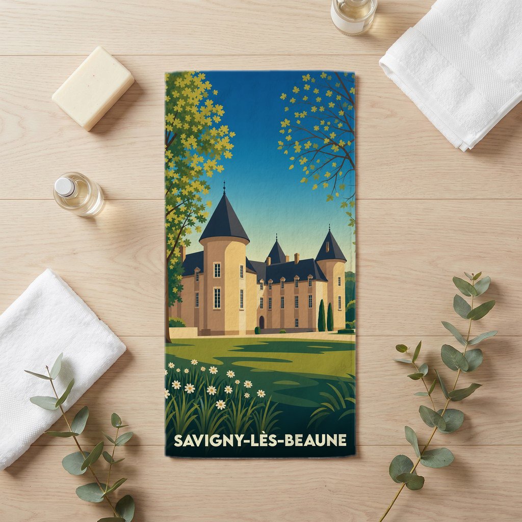 Serviette de bain souvenir de Savigny-lès-Beaune illustrée d'un château dans un style rétro.
