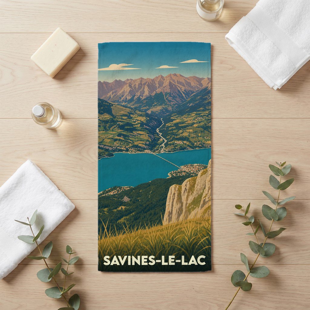 Serviette de bain souvenir de Savines-le-Lac avec une illustration panoramique du lac et des montagnes.