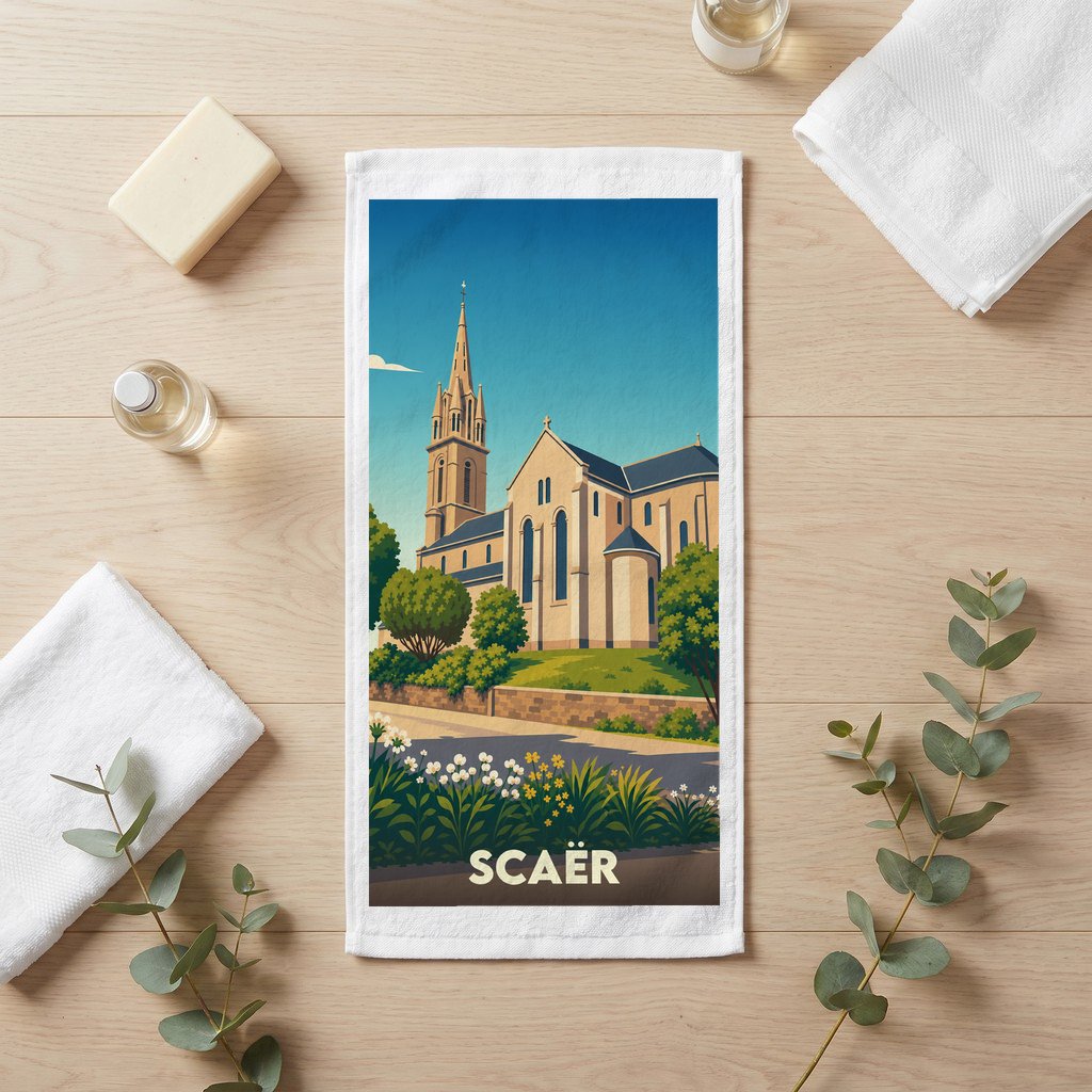 Serviette de bain souvenir de la ville de Scaër avec une illustration stylisée de son église.