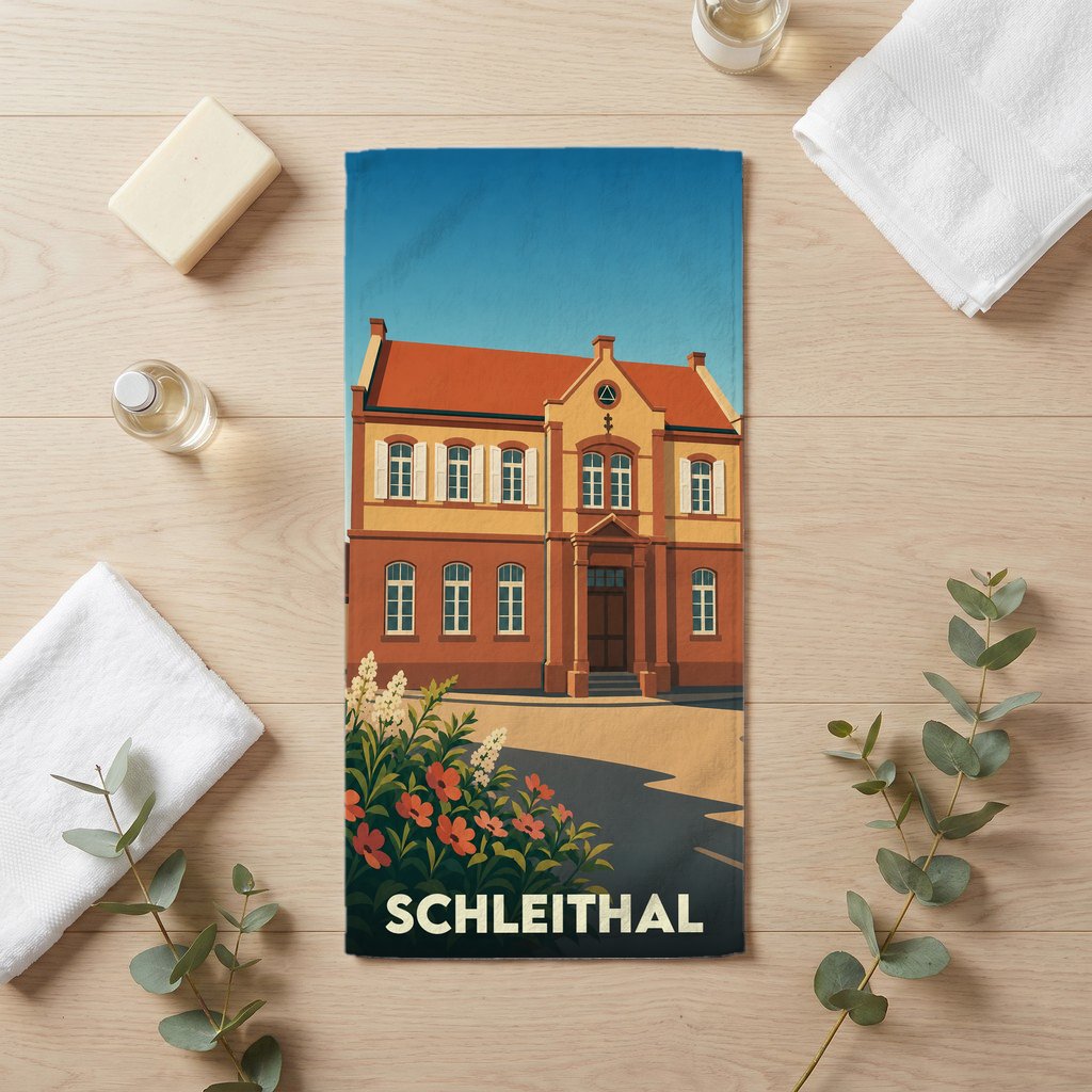 Serviette de bain souvenir de la ville de Schleithal avec une illustration stylisée de sa mairie.