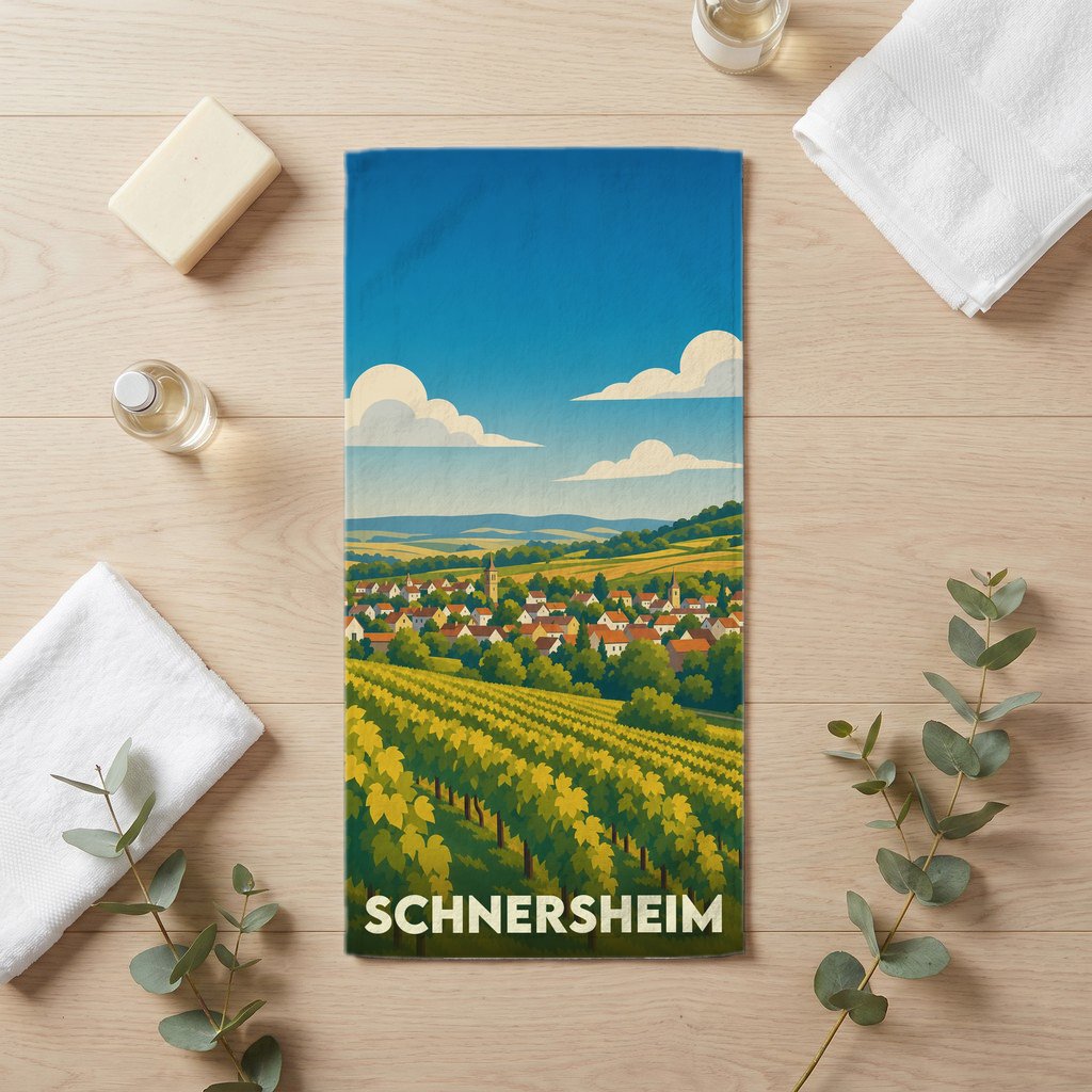 Serviette de bain souvenir de la ville de Schnersheim avec une illustration stylisée de vignobles et du village.