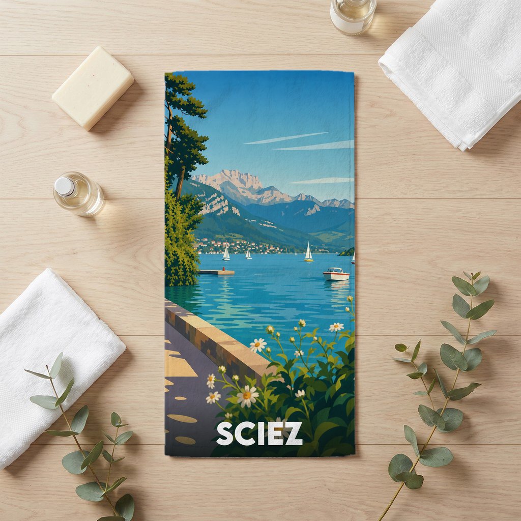 Serviette de bain souvenir de la ville de Sciez avec une illustration stylisée d'un paysage de lac et de montagnes.