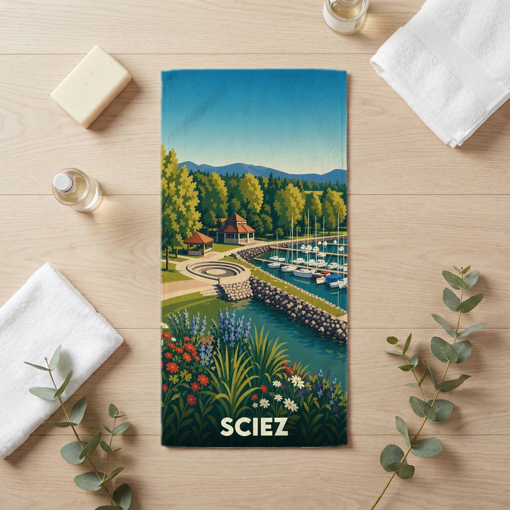 Serviette de bain souvenir de la ville de Sciez illustrée d'un paysage de port stylisé.