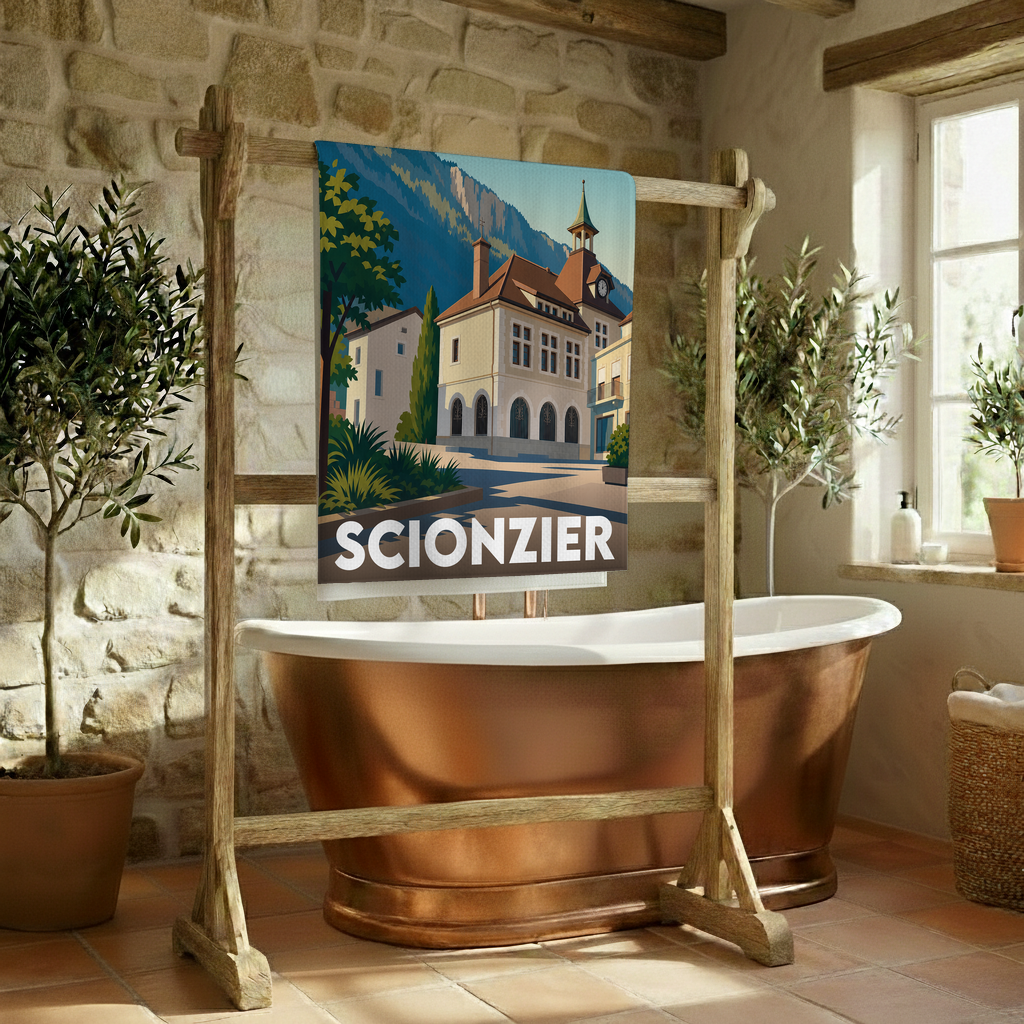 Serviette de bain souvenir de la ville de Scionzier avec une illustration stylisée.