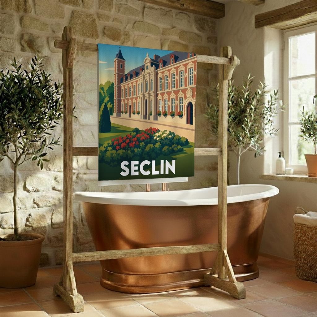 Serviette de bain souvenir de la ville de Seclin avec une illustration stylisée.