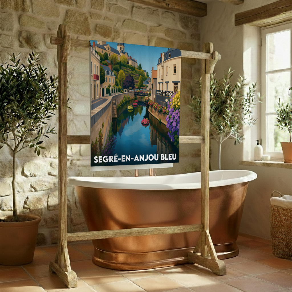 Serviette de bain souvenir de la ville de Segré-en-Anjou Bleu avec une illustration stylisée.