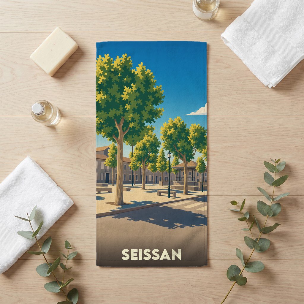 Serviette de bain souvenir de la ville de Seissan avec une illustration stylisée de sa place arborée.