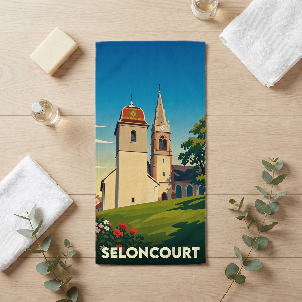 Serviette de bain souvenir de la ville de Seloncourt avec une illustration stylisée de son église.