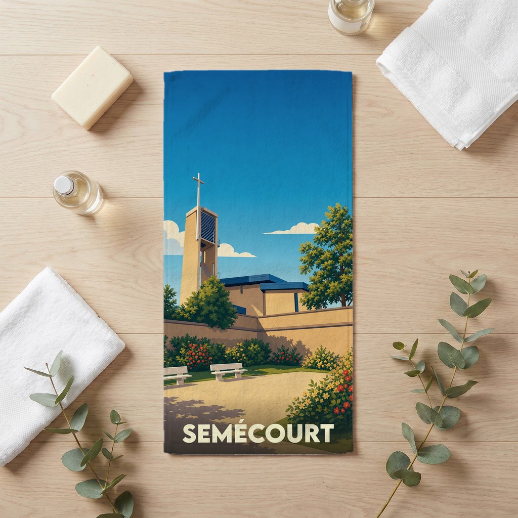 Serviette de bain souvenir de la ville de Semécourt avec une illustration stylisée de son église.