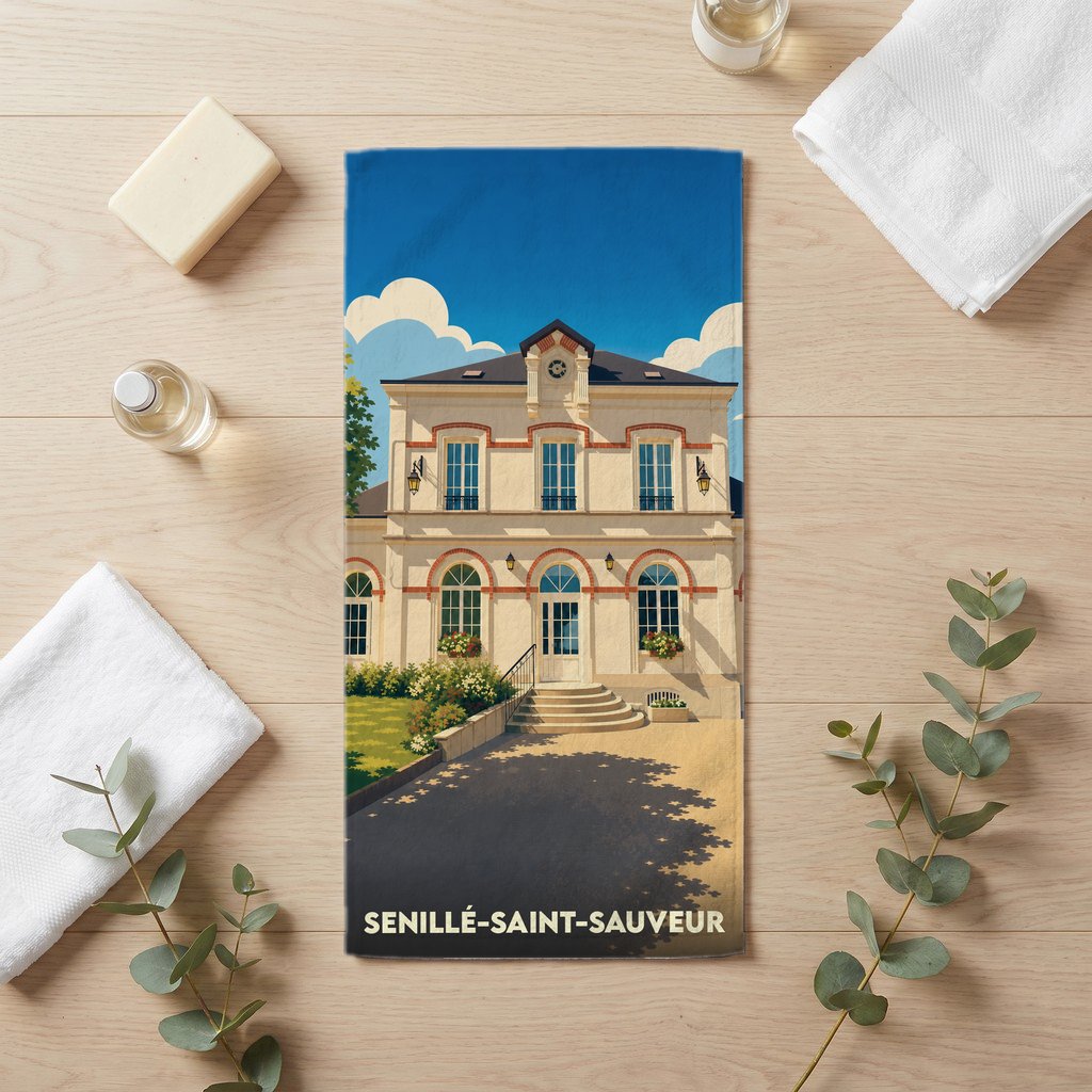 Serviette de bain souvenir de la ville de Senillé-Saint-Sauveur avec une illustration stylisée.