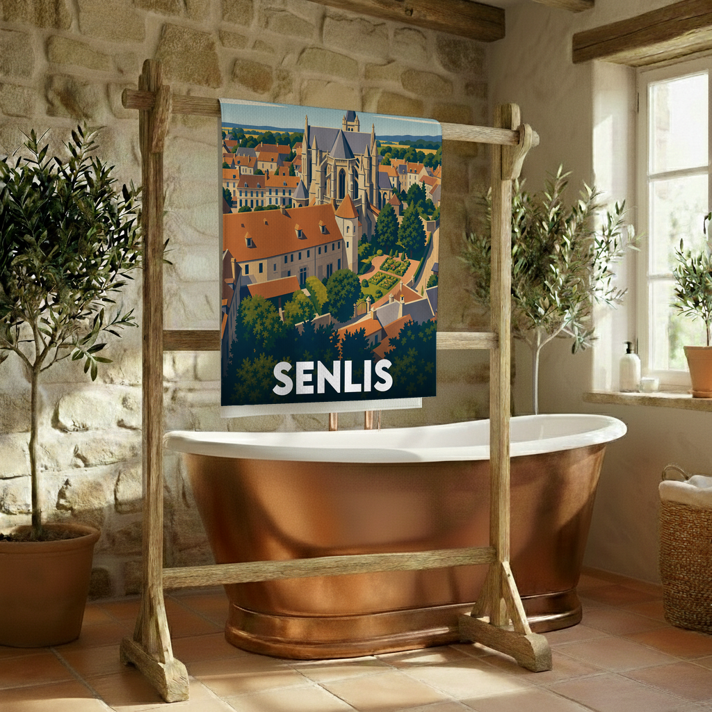 Serviette de bain souvenir de la ville de Senlis avec une illustration stylisée.