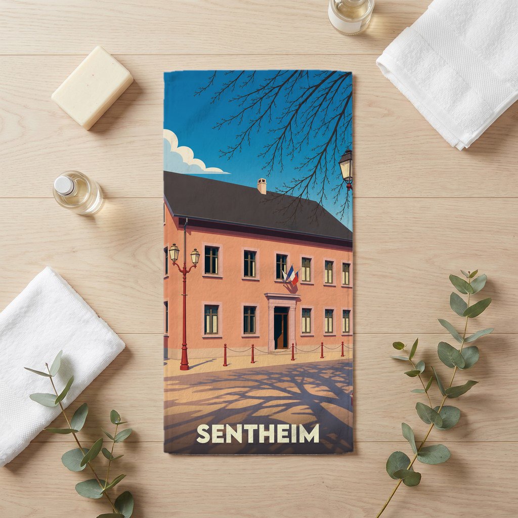 Serviette de bain souvenir de la ville de Sentheim avec une illustration stylisée.