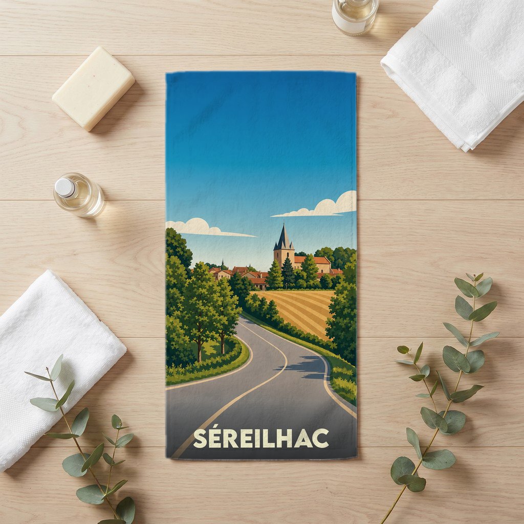 Serviette de bain souvenir de la ville de Séreilhac avec une illustration stylisée de son paysage.