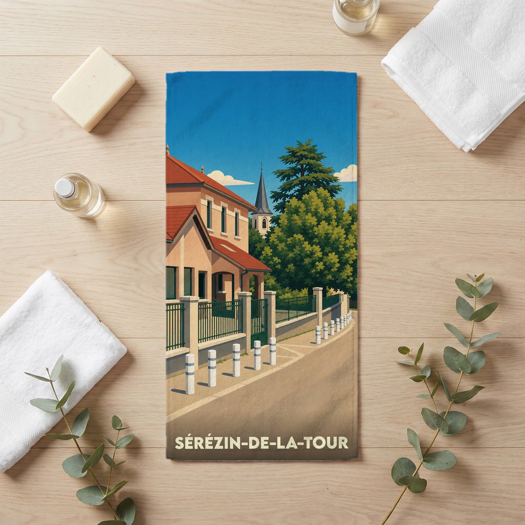 Serviette de bain souvenir de Sérézin-de-la-Tour avec une illustration stylisée de la ville.