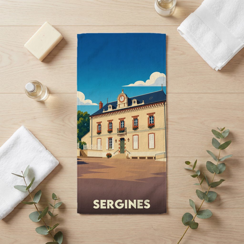 Serviette de bain souvenir de la ville de Sergines avec une illustration stylisée de sa mairie.