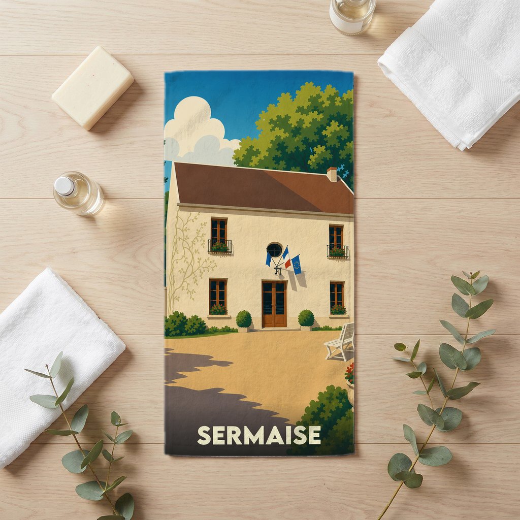 Serviette de bain souvenir de la ville de Sermaise avec une illustration stylisée de sa mairie.