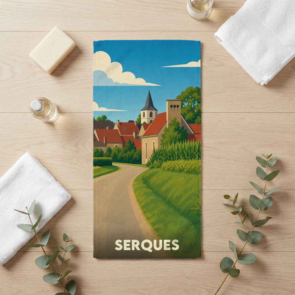 Serviette de bain souvenir de la ville de Serques avec une illustration stylisée de son paysage urbain.