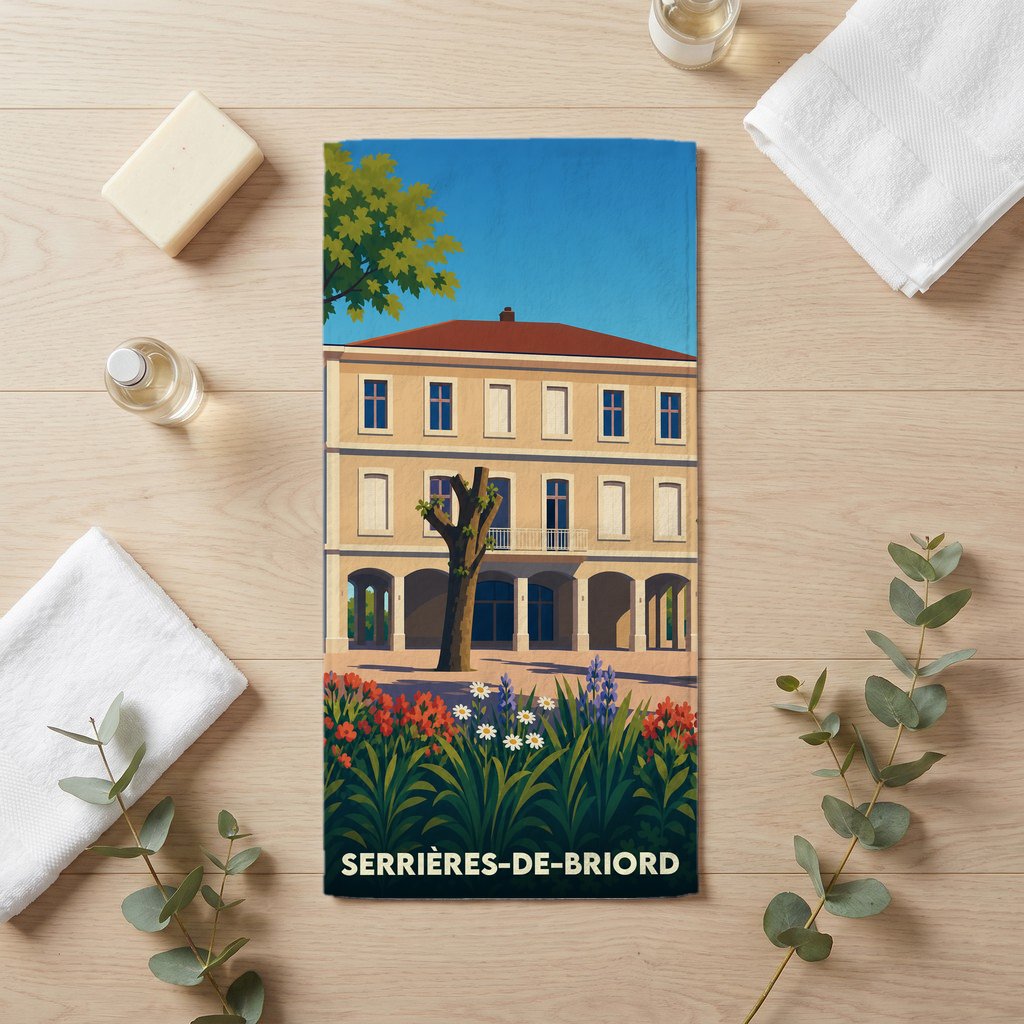 Serviette de bain souvenir de la ville de Serrières-de-Briord avec une illustration stylisée.