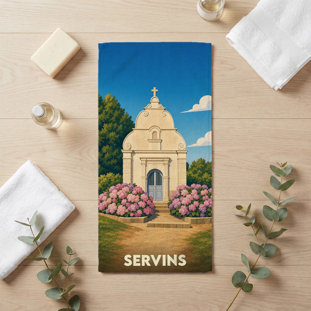 Serviette de bain souvenir de la ville de Servins illustrée d'une chapelle entourée de fleurs.