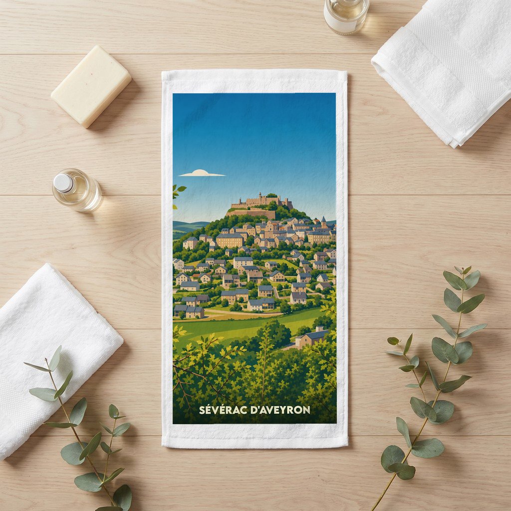 Serviette souvenir de la ville de Sévérac d'Aveyron avec une illustration stylisée d'un village perché.
