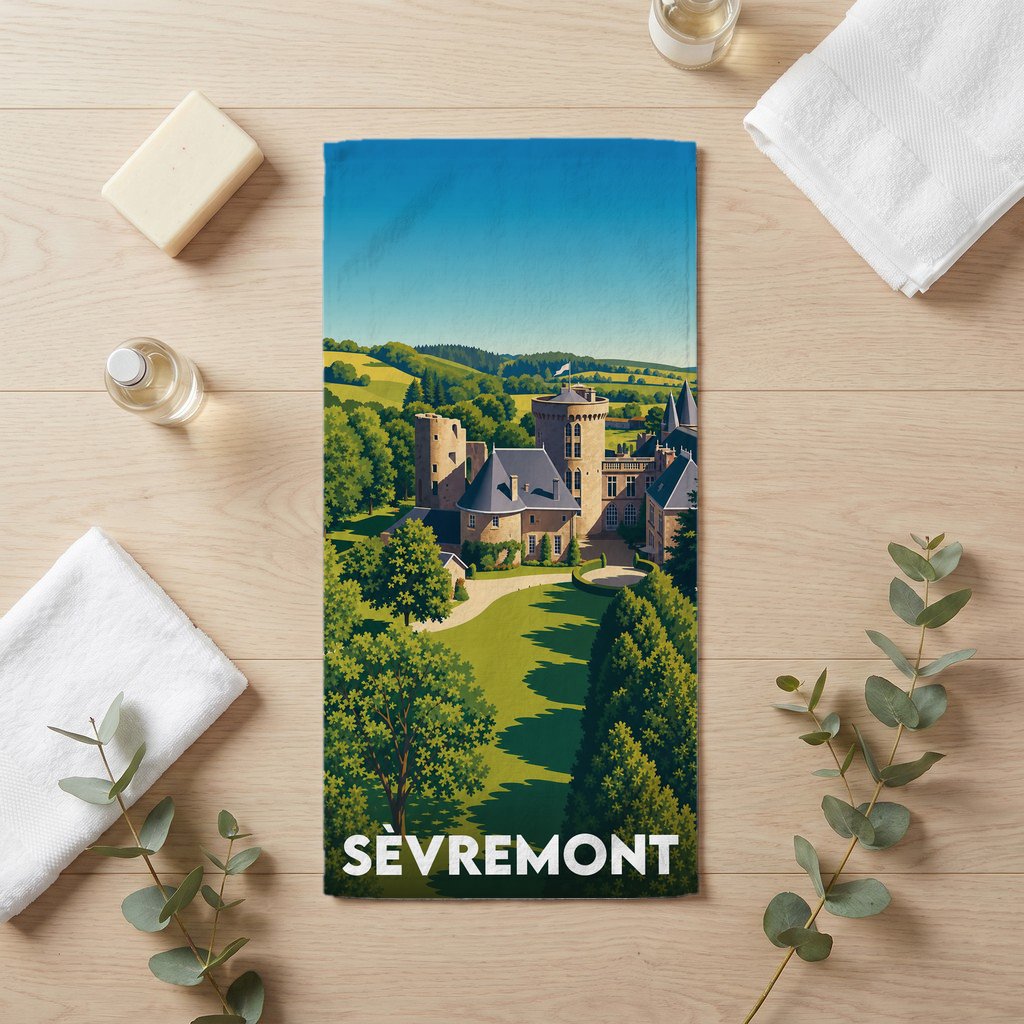 Serviette de bain souvenir de la ville de Sèvremont avec une illustration stylisée de son château.