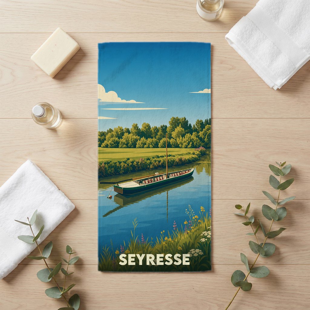 Serviette de bain souvenir de la ville de Seyresse avec une illustration stylisée d'une barque sur une rivière.