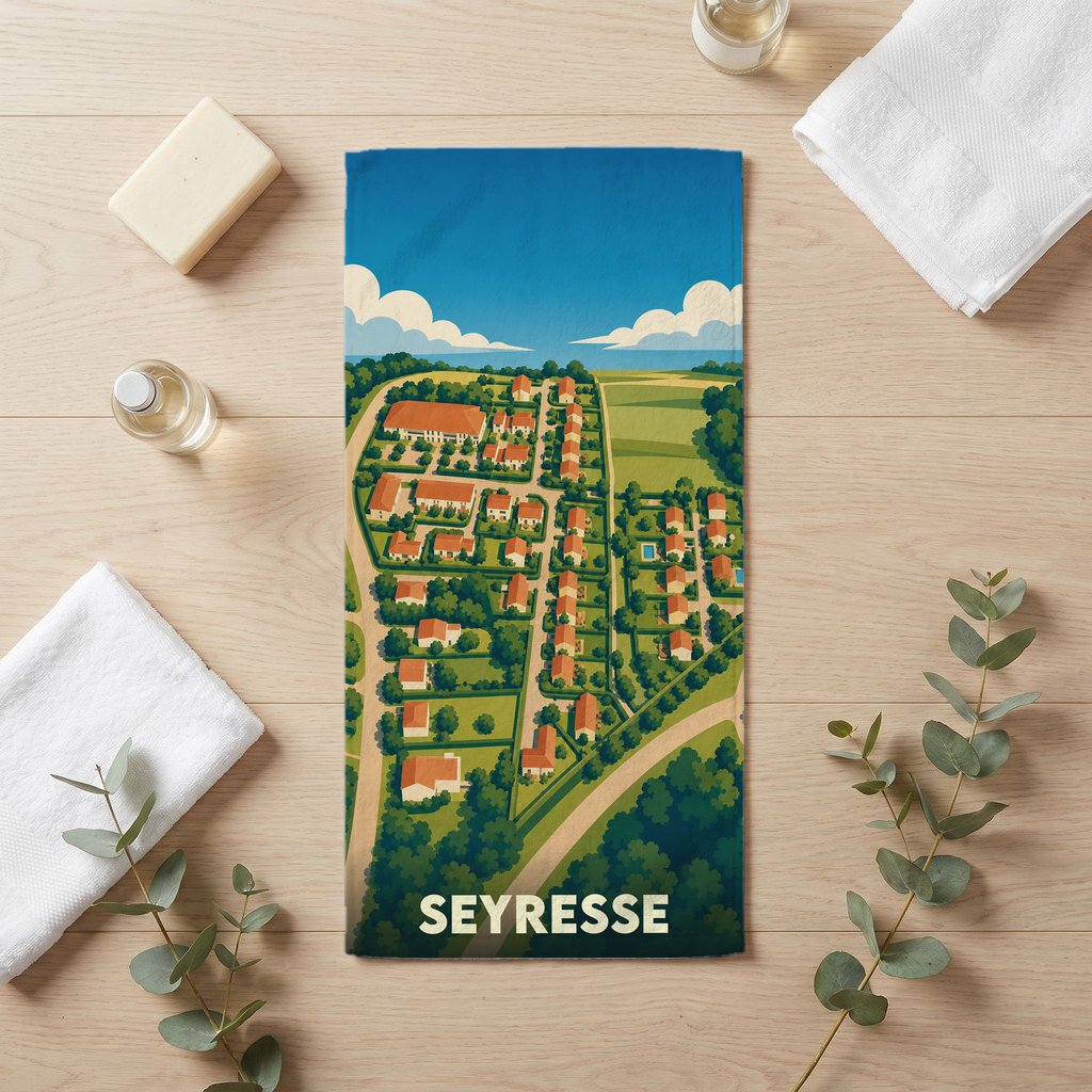 Serviette de bain souvenir de la ville de Seyresse avec une illustration stylisée vue du ciel.