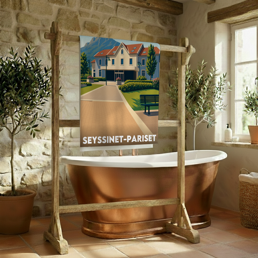 Serviette de bain souvenir de la ville de Seyssinet-Pariset avec une illustration stylisée.