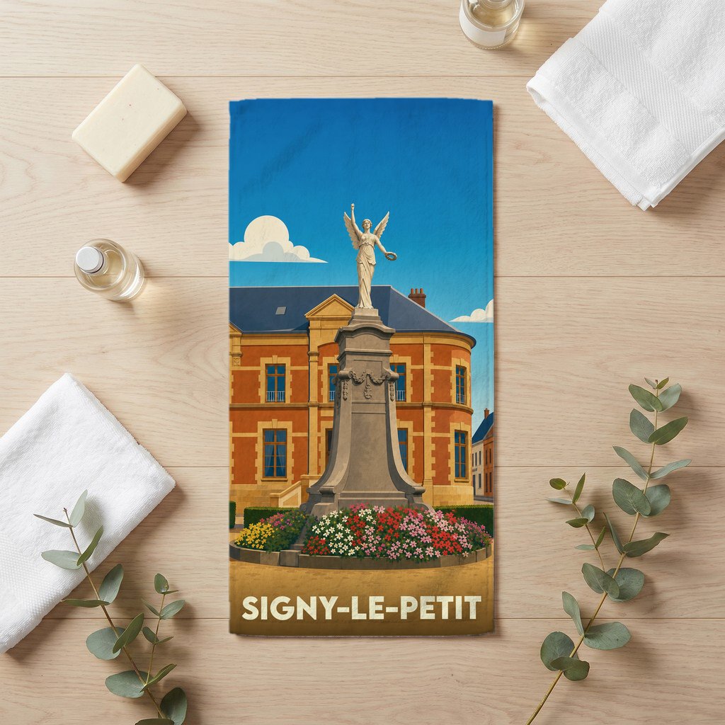Serviette de bain souvenir de la ville de Signy-le-Petit avec une illustration stylisée d'un monument historique.