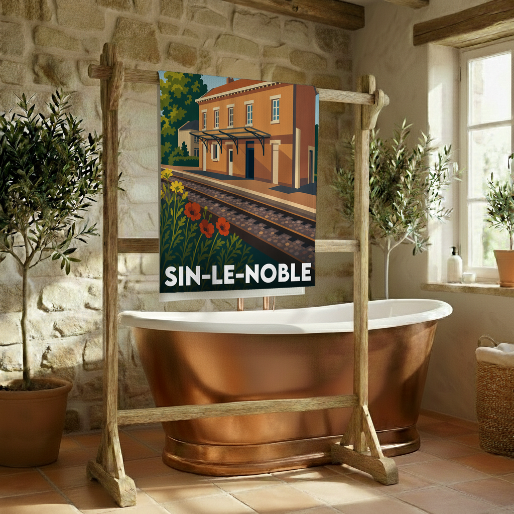 Serviette de bain souvenir de la ville de Sin-le-Noble avec une illustration stylisée de sa gare.