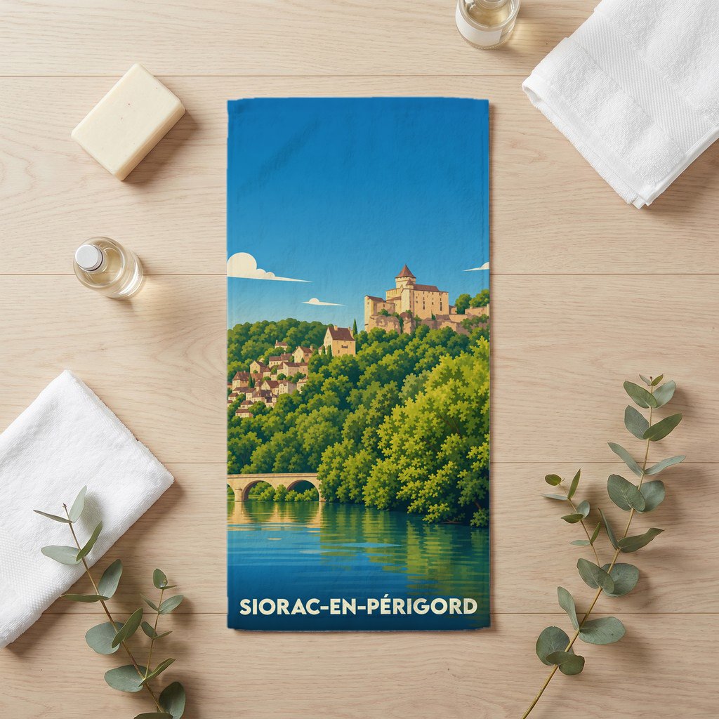 Serviette de bain souvenir de Siorac-en-Périgord ornée d'une illustration colorée de la ville et de son château.