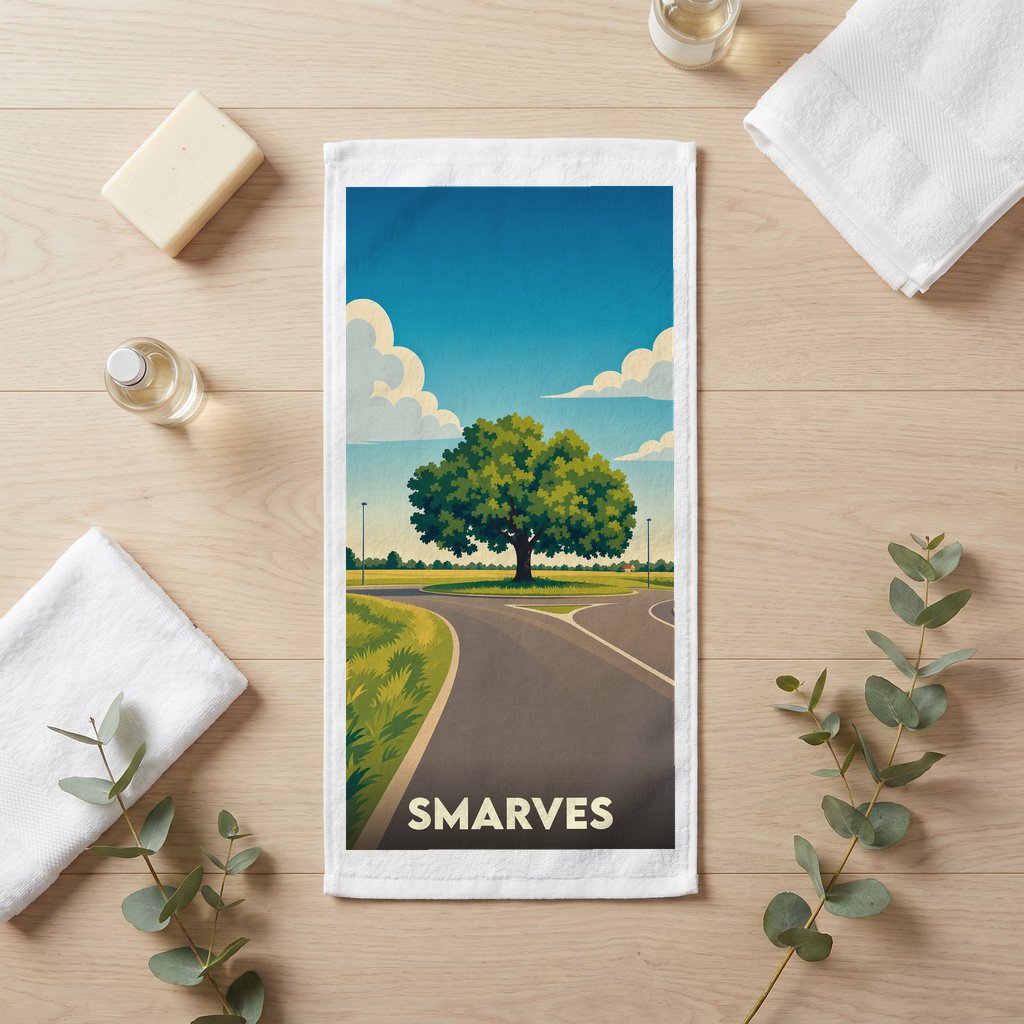 Serviette souvenir de la ville de Smarves avec une illustration stylisée d'un arbre au bord d'une route.