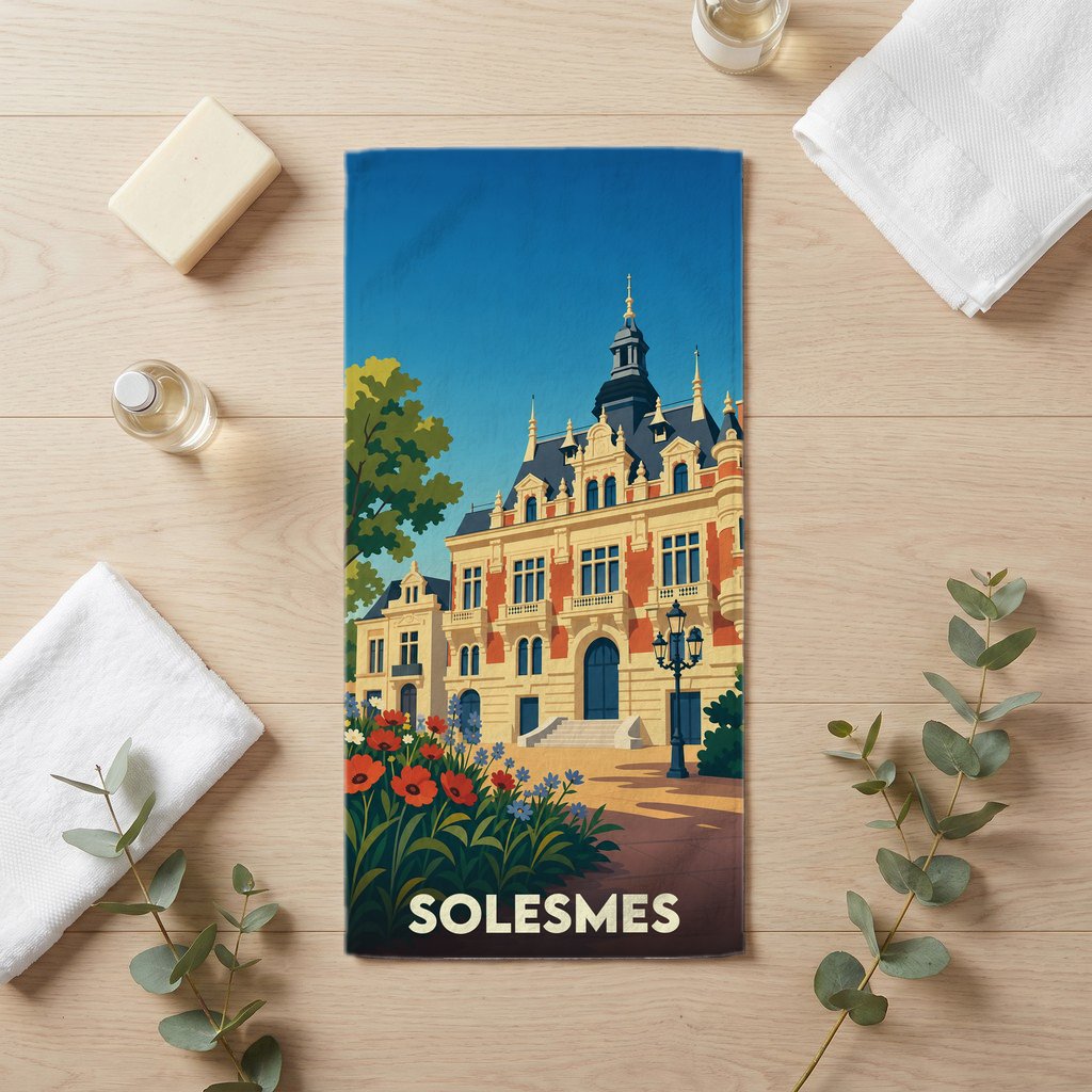 Serviette de bain souvenir de la ville de Solesmes avec une illustration stylisée de son patrimoine architectural.