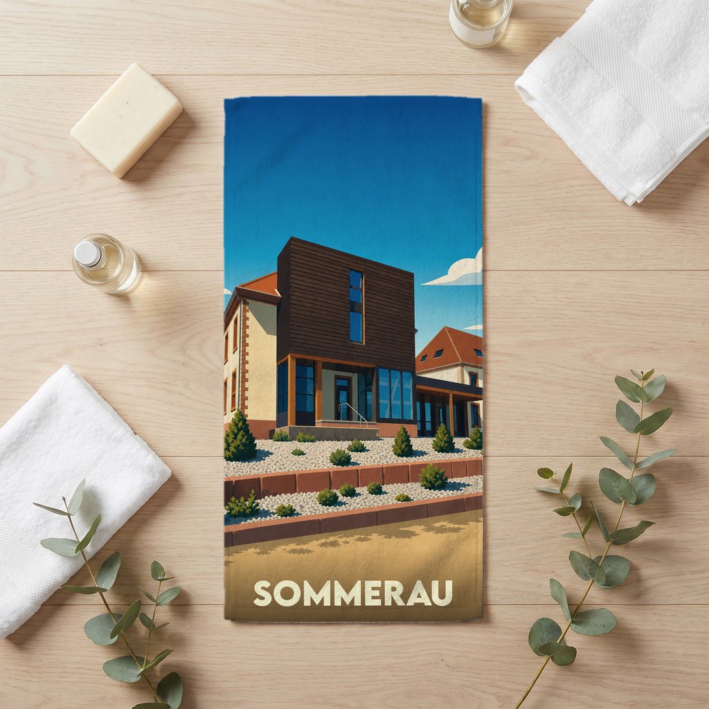 Serviette de bain souvenir de la ville de Sommerau avec une illustration architecturale stylisée.