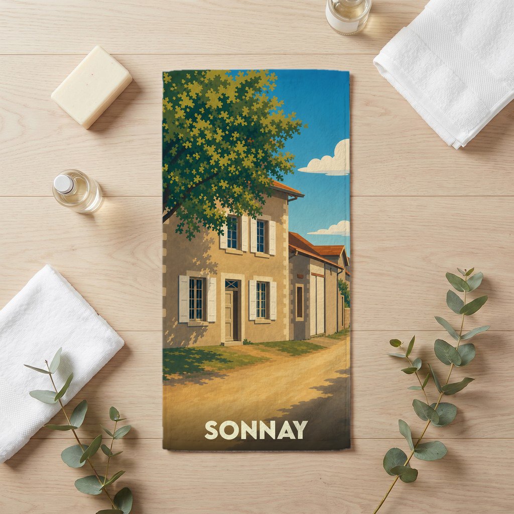 Serviette de bain souvenir de la ville de Sonnay avec une illustration stylisée d'une maison de village.