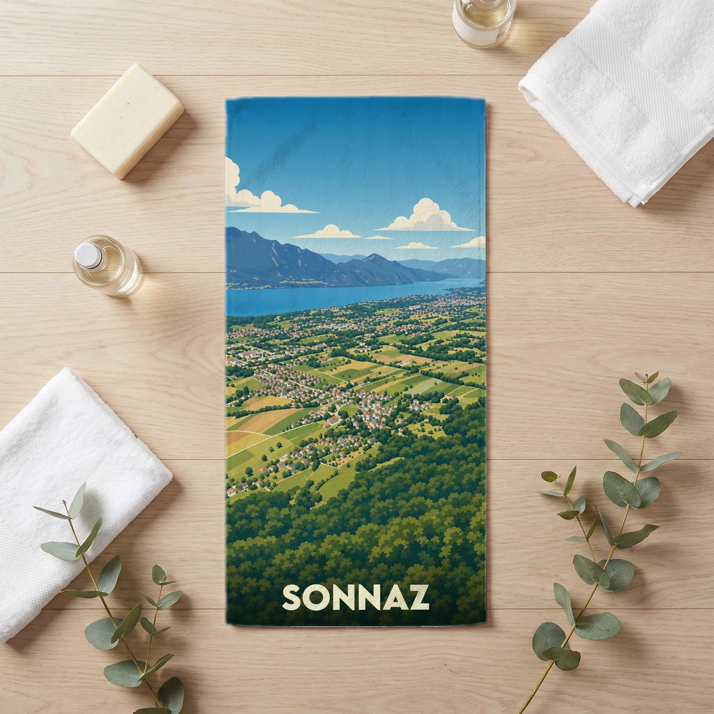Serviette de bain souvenir de la ville de Sonnaz avec une illustration stylisée de son paysage.