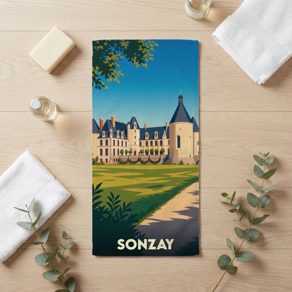 Serviette de bain souvenir de la ville de Sonzay avec une illustration stylisée d'un château.